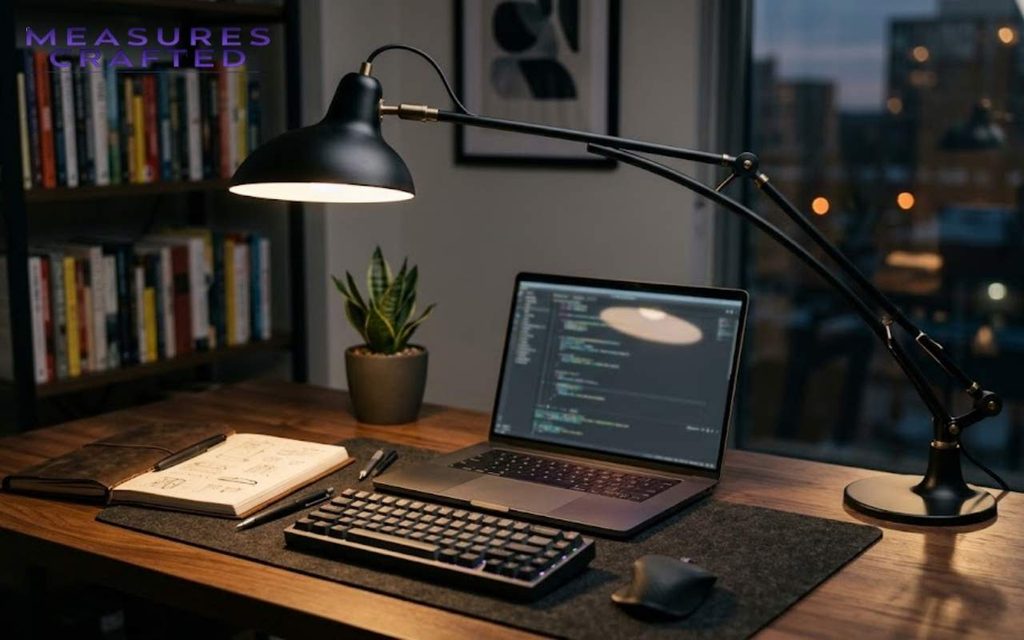 A desk with a laptop showing code, a keyboard, mouse, and an 18 inches articulated lamp. A cozy home office setting with a bookshelf and a city window view at night.