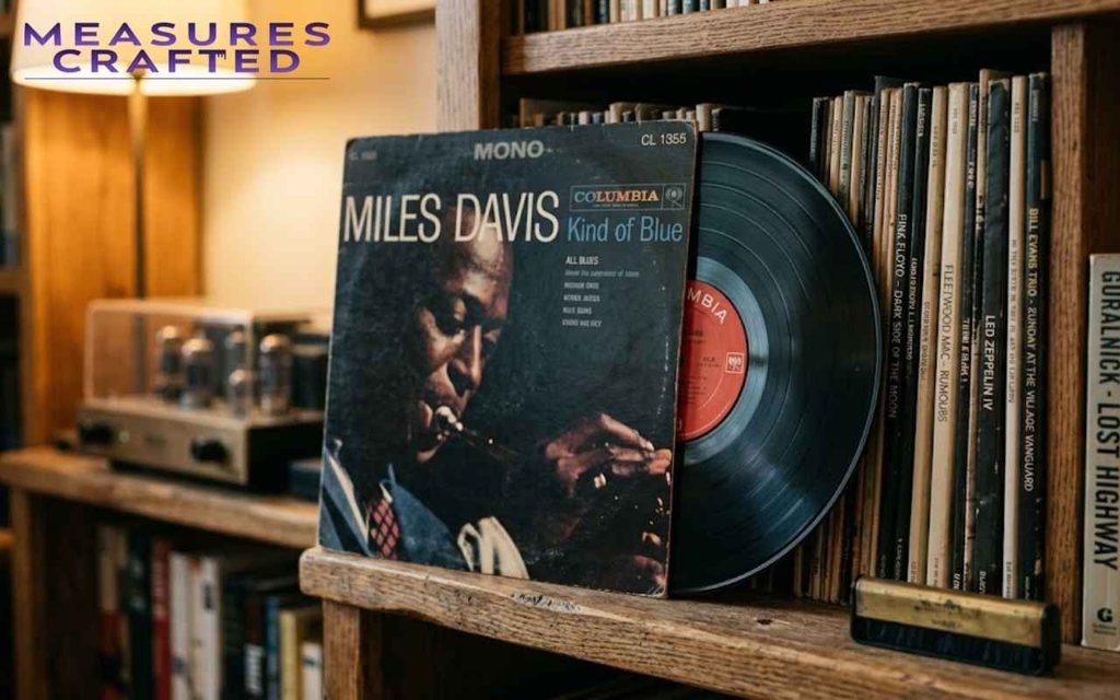 Miles Davis's "Kind of Blue" 10 inches vinyl record partially exposed from its cover on a wooden shelf.