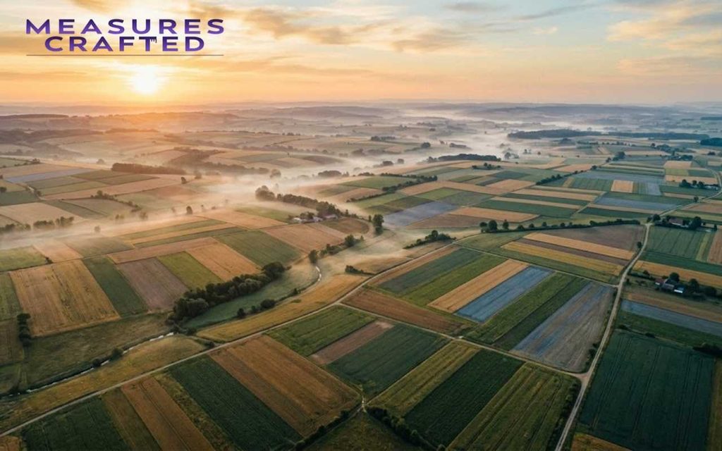 Aerial view of green and gold patchwork farmland featuring 100 acres at sunrise with morning fogs