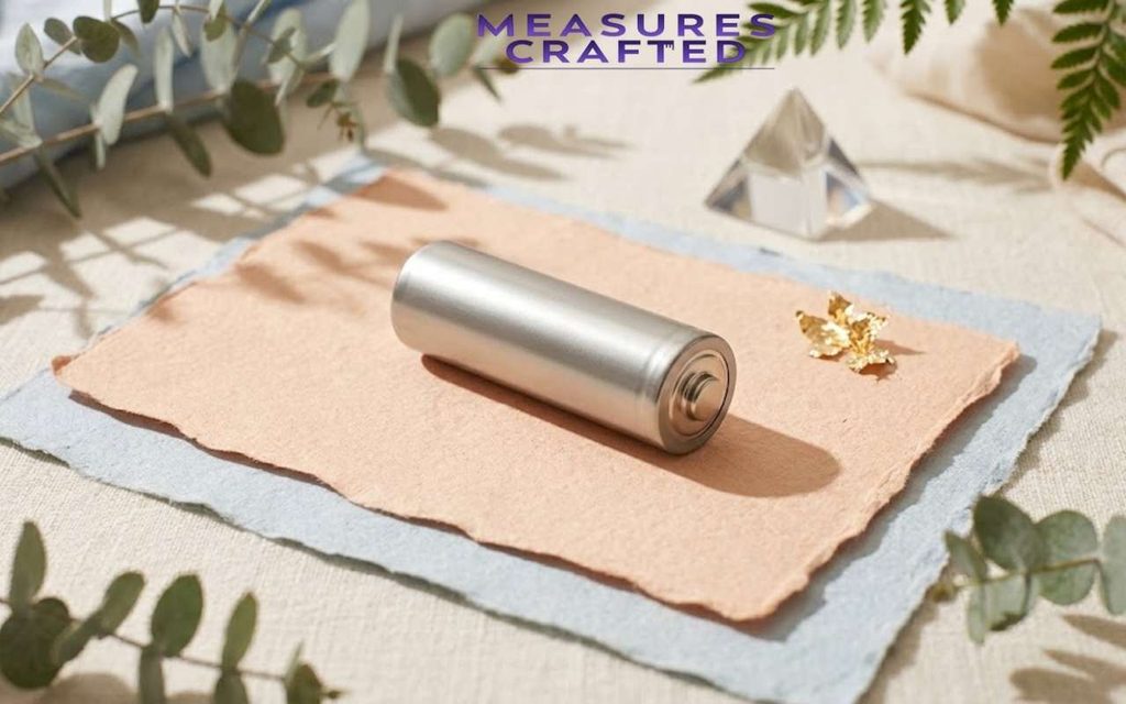 2 inches AA battery on textured paper layers. Decorated with gold flakes, a crystal pyramid, and leaves.