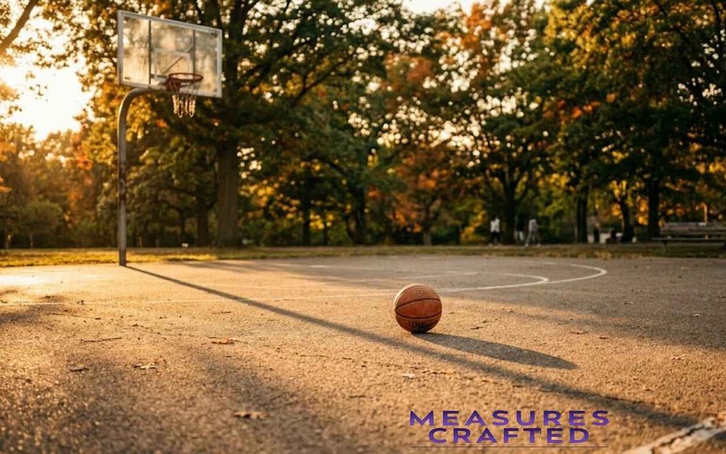 Basketball resting on an outdoor asphalt court near a hoop at sunset, surrounded by autumn trees.