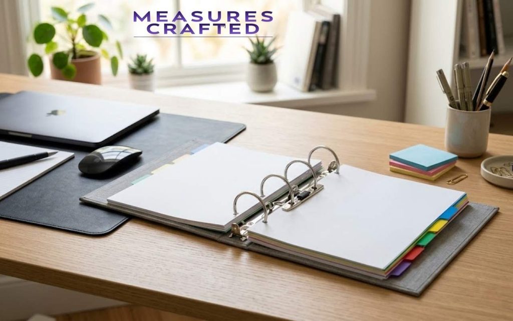 A grey binder with four metal rings is open on a desk with a laptop and plants.