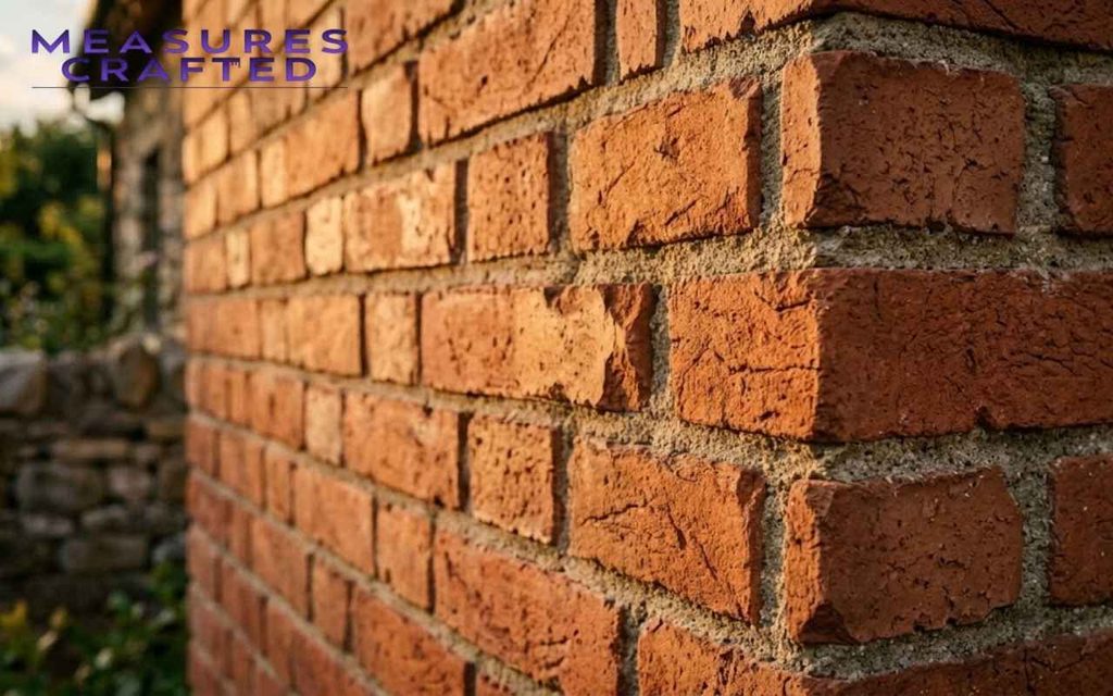 Red brick wall corner in warm golden hour light with coarse texture.