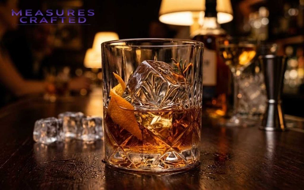 Faceted glass with amber liquid, an ice cube, an orange peel, and rosemary, in a bar.