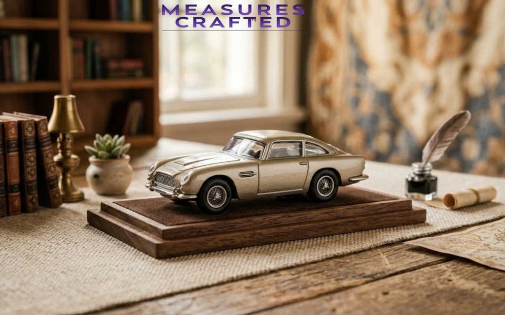 A 3 inches champagne die-cast vintage coupe displayed on a wooden stand in a study scene.