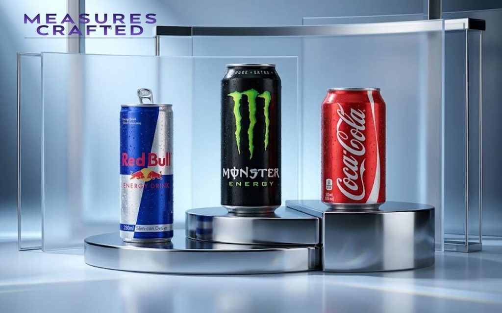 A single image featuring a Red Bull, a Monster, and a Coca-Cola can on a multi-level platform.