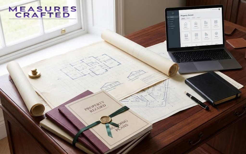 Architectural blueprints, property files, and a laptop arranged on a sunlit wooden desk.