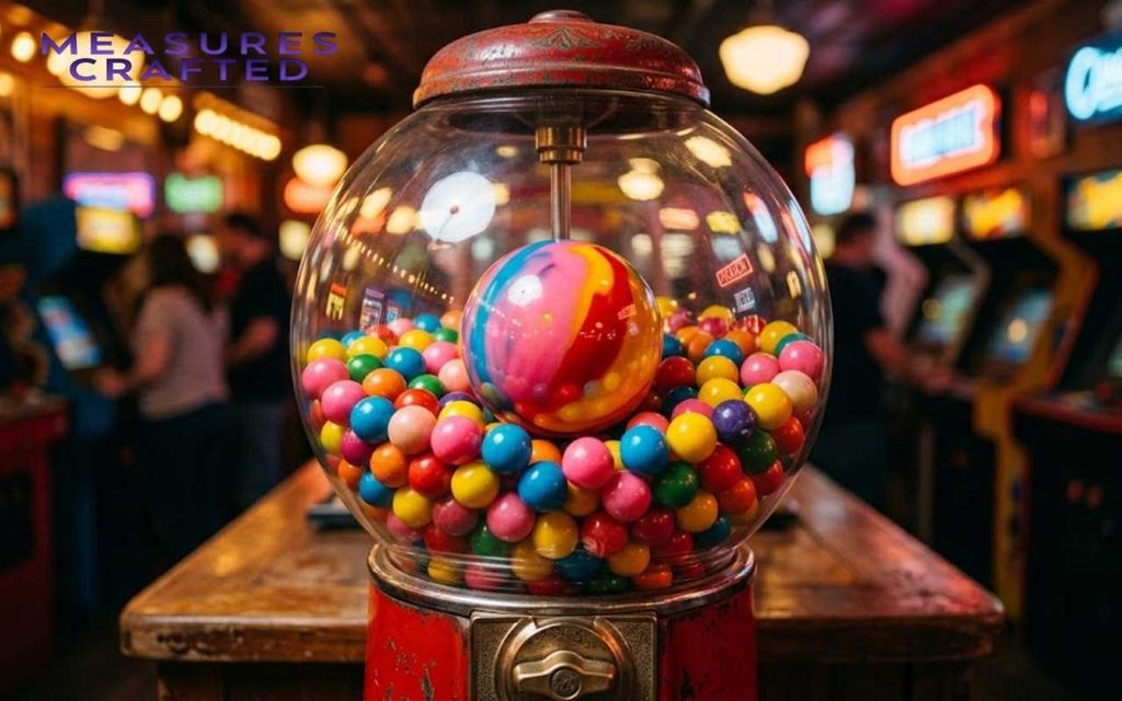 A 1 inch central gumball in a glass machine filled with colorful candies, set in a blurred arcade.