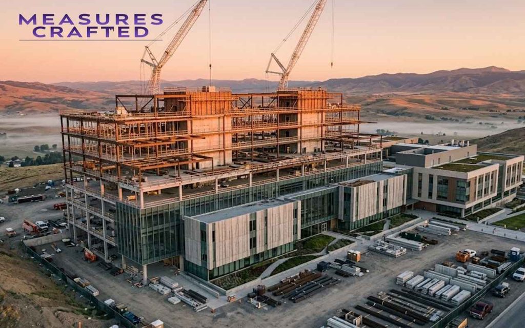 Massive construction site transitions into a modern glass building against a misty dawn mountain range.
