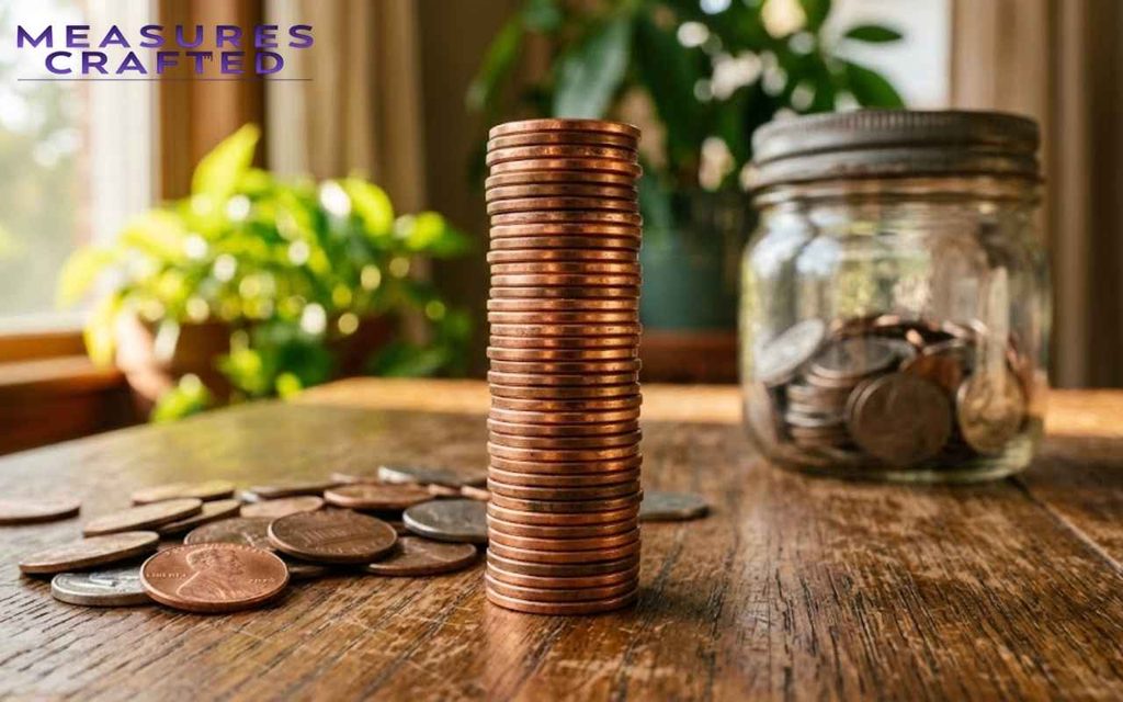A neat stack of pennies over 1 inch tall on a rustic table with loose coins and a jar.