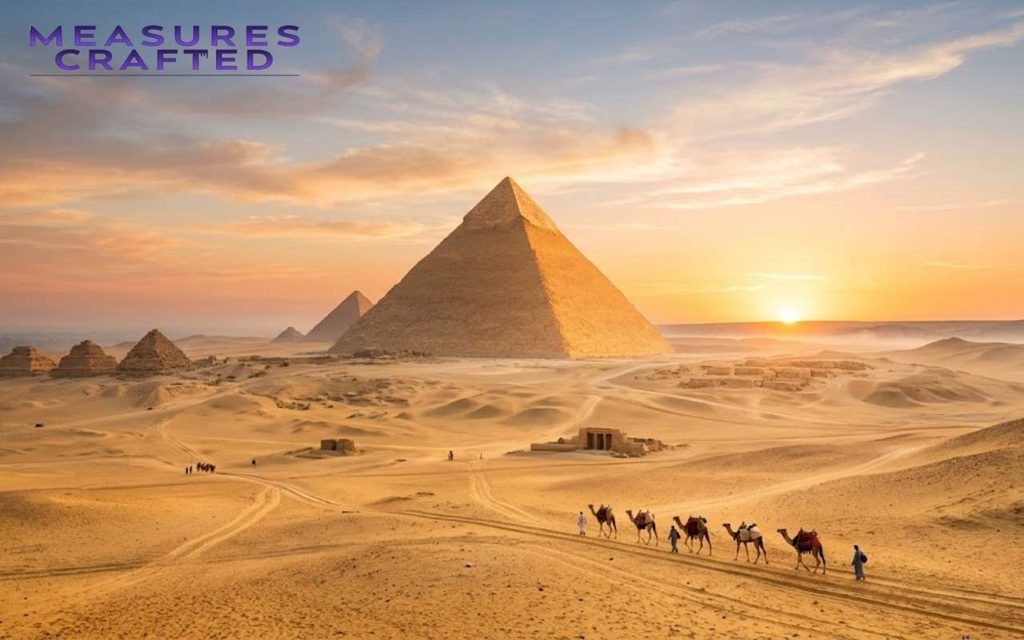Golden hour photo of the Pyramids of Giza, Egypt. A small camel caravan travels across a vast, sandy desert featuring 500 feet.
