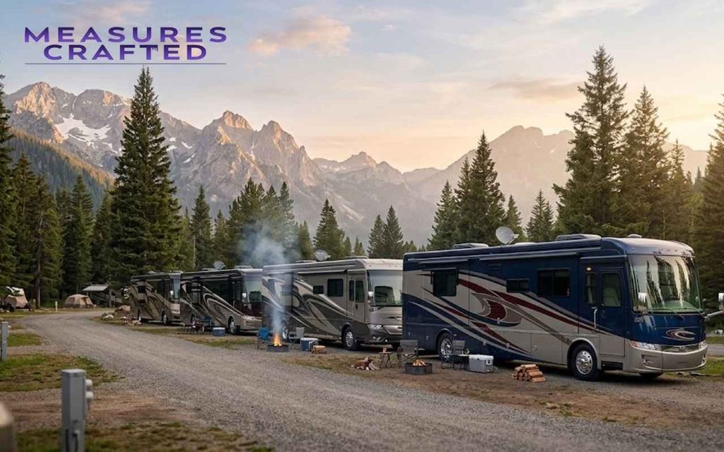 A line of motorhomes parked at a scenic campground with mountains and pine trees at sunset.