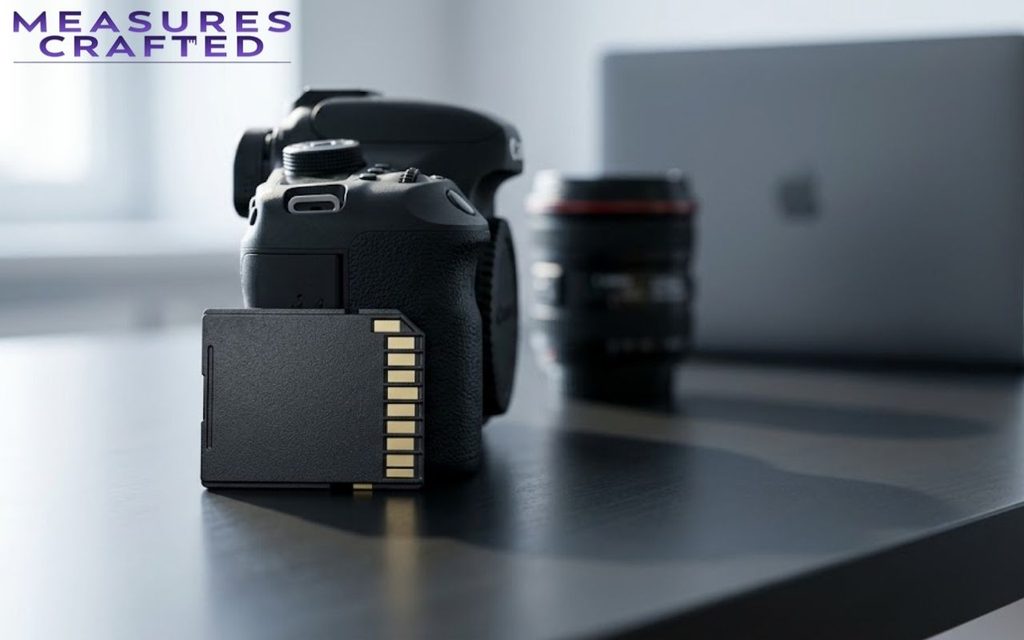 Full-size SD card on a desk beside a DSLR camera, with a lens and laptop softly blurred.