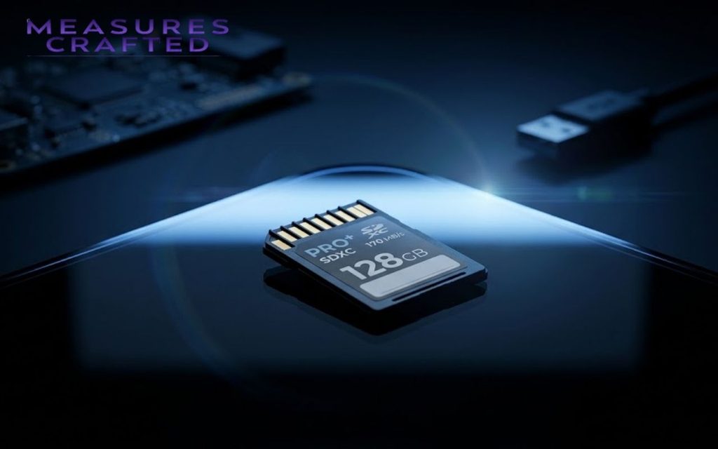 Close-up on a 128GB SDXC 2mm-thick memory card with gold contacts, on a dark surface under blue lighting.