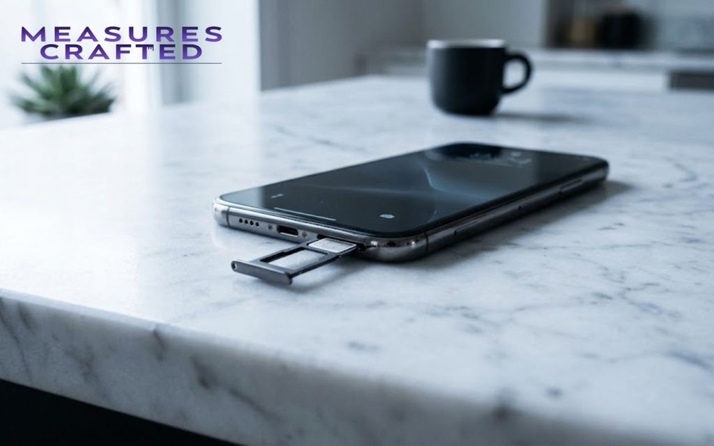Close-up of a modern smartphone with an open SIM card tray showing the 2mm card, resting on a marble countertop.