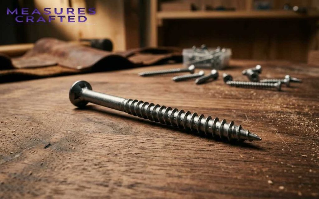 A 3 inches silver wood screw rests on a dusty wooden workbench with blurred workshop items in back.