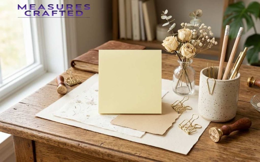 A blank 3 inches sticky note stands on a vintage desk with dried flowers and stationery.