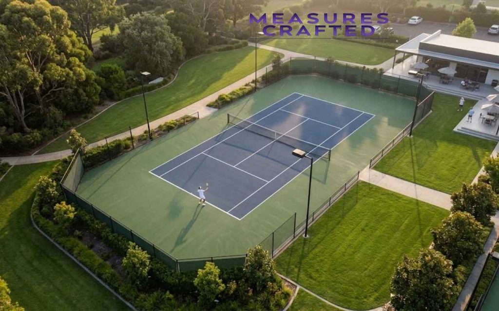 Aerial view of people playing tennis on a blue and green court in a park with a clubhouse.
