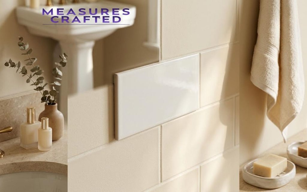Glossy beige 3 inches subway tile installed on a warm bathroom wall.