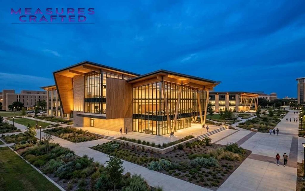 Modern university building with glowing glass and timber facades set against a twilight sky.