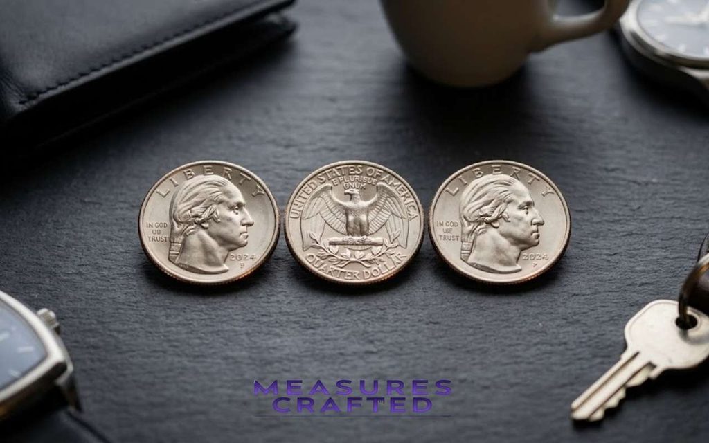 Three US quarters, a key, and a watch on a slate surface.