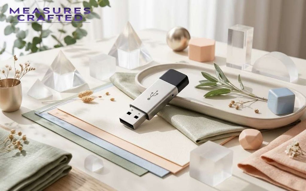 Sleek silver and black USB flash drive angled across layered pastel paper and a ceramic tray.