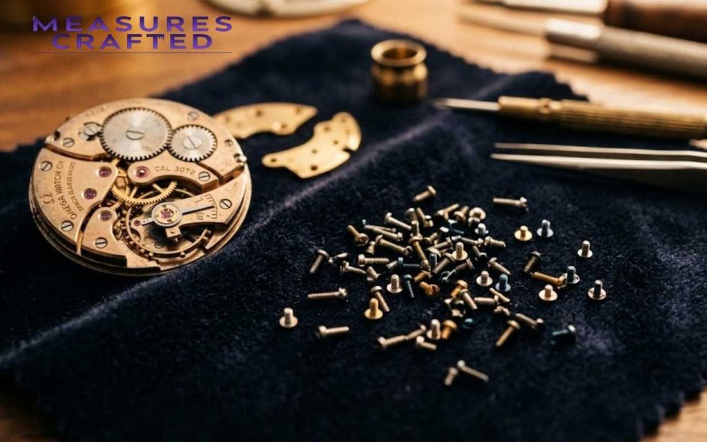 Disassembled vintage watch movement with tiny screws and watchmaker tools on a dark cloth.