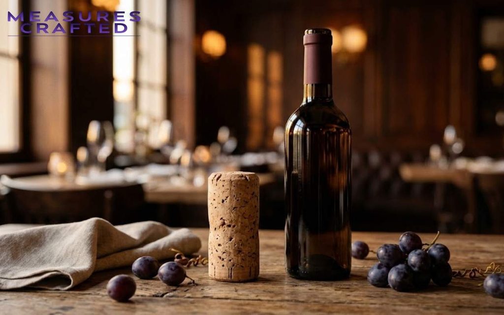 Wine bottle and a 1 inch thick cork on a table with grapes, set in a cozy restaurant.