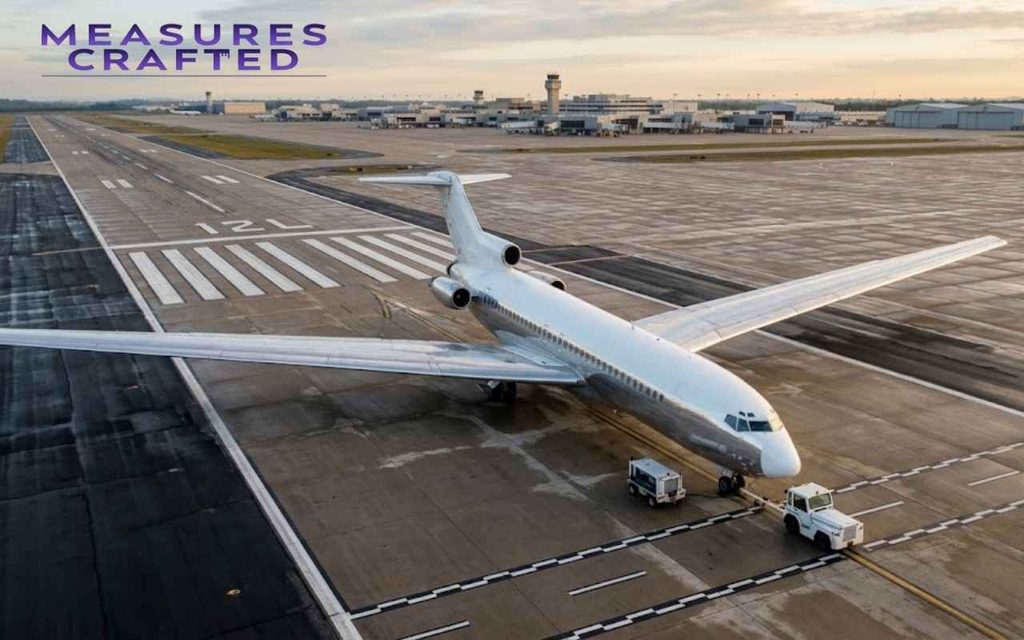 An airplane stands on the tarmac being towed in an aerial perspective, showing the vast wingspan.