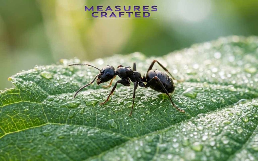 A photo shows a large black ant walking on a green leaf covered in dew drops.