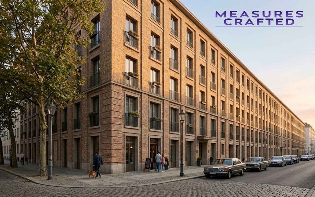 A picture captures a long brick apartment building at sunset featuring 100 feet.