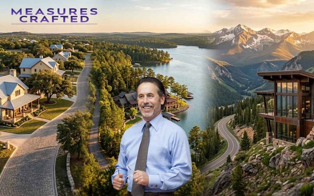 Arch Aplin in a tie before a montage of luxury homes, a lake, and scenic mountains.