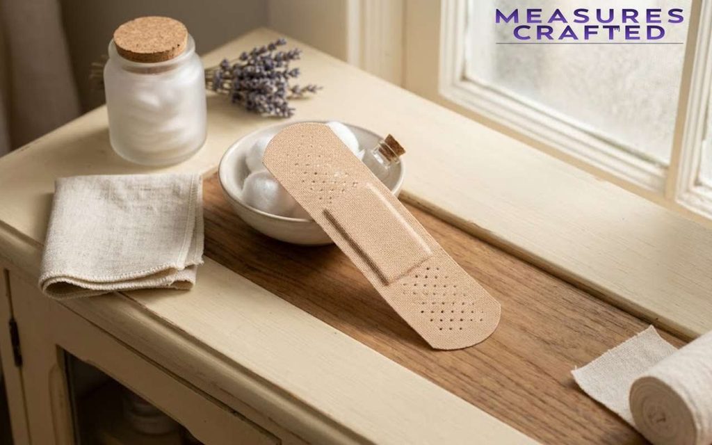 A 3 inches tan adhesive bandage resting on a wooden tabletop with cotton balls.
