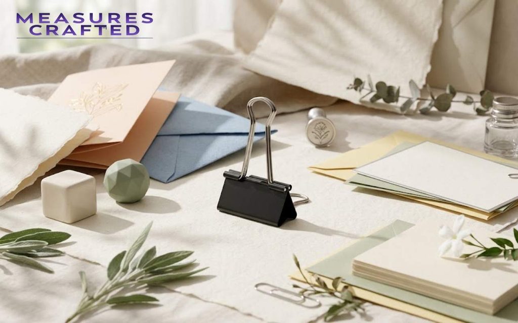 A binder clip surrounded by envelopes, paper, and sage leaves. Natural light filters onto the stationery layout.