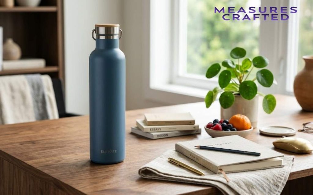 A blue 9 inches insulated water bottle stands on a desk alongside notebooks, a mouse, fruit, and a plant.