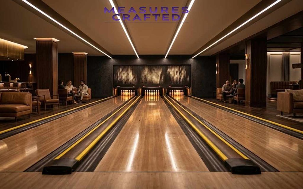 Modern bowling alley with multiple lanes stretching over 100 feet long.
