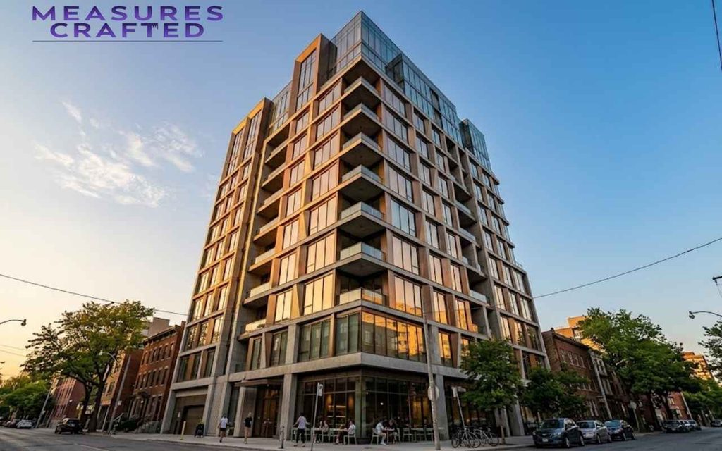 A modern building, about 100 feet tall, with golden sunset light and a street-level cafe.