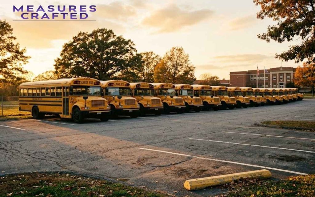 Row of classic yellow school buses parked in an asphalt school lot during a warm, nostalgic golden hour sunset.