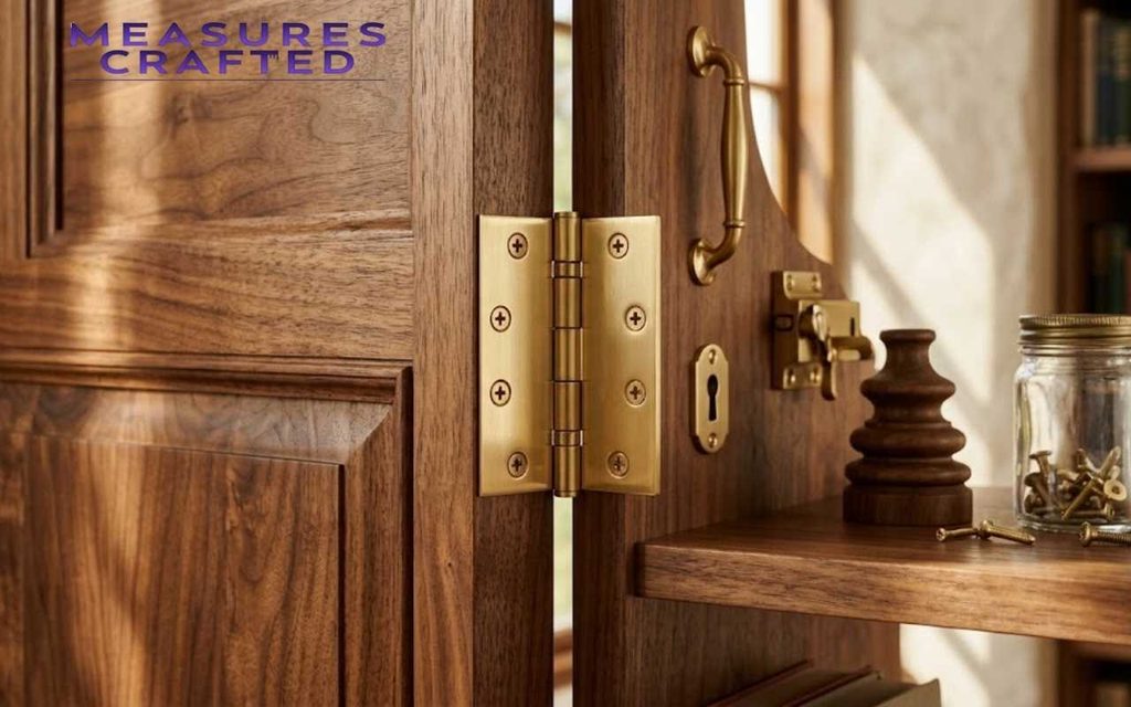 Brushed brass butt hinge installed on a wooden door, with matching handle and keyhole hardware.