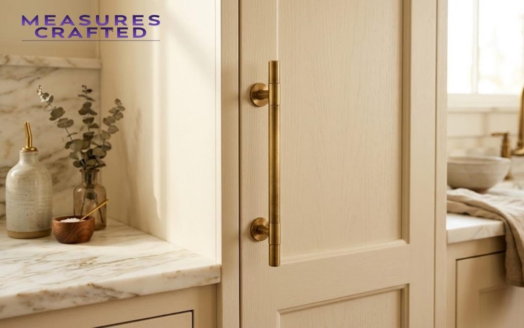 A 3 inches brass kitchen handle on light wooden cabinets with marble counter.