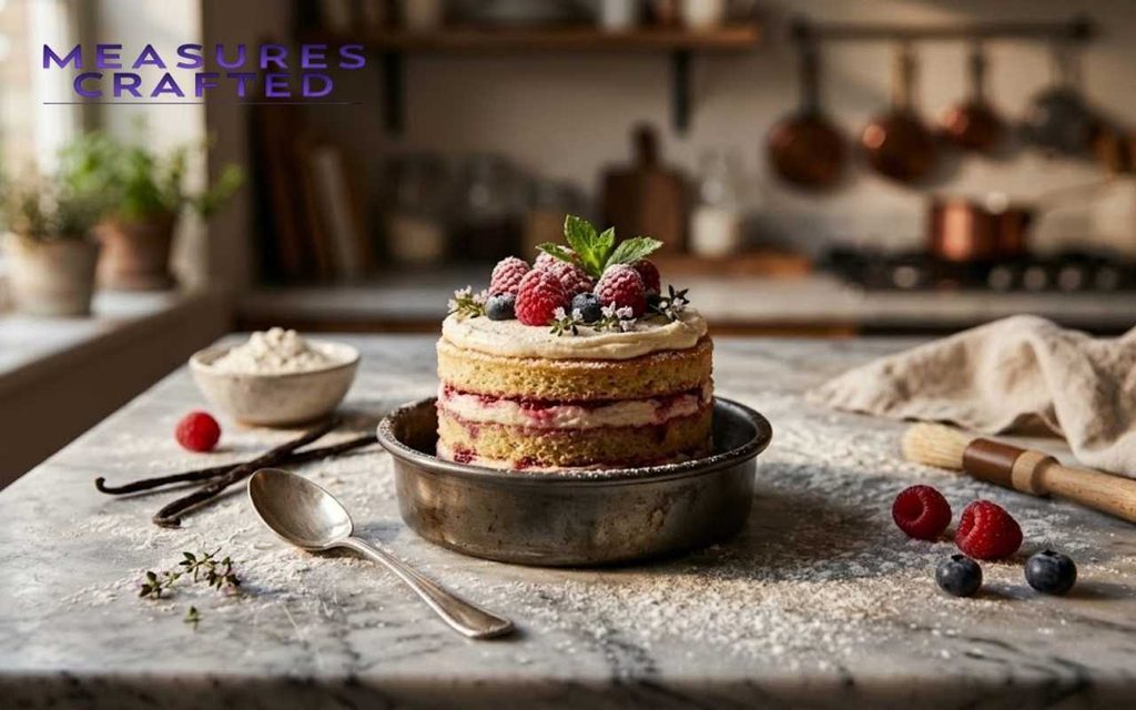 Artisanal small layered berry cake with cream on a rustic marble baking counter.