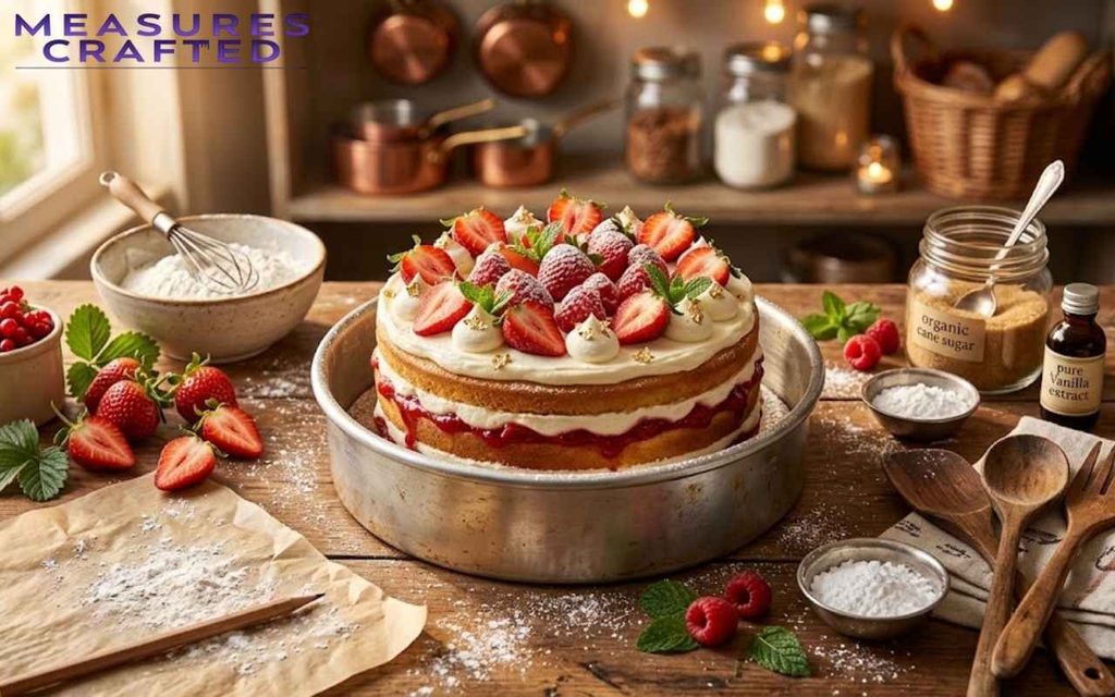 A tiered strawberry cake in a tin sits on a rustic counter with baking ingredients, a whisk, and berries.