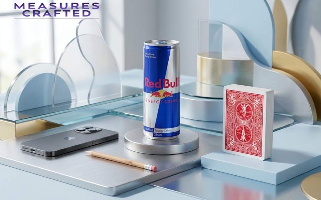 A Red Bull can is placed in a futuristic setting with a smartphone and a deck of cards.