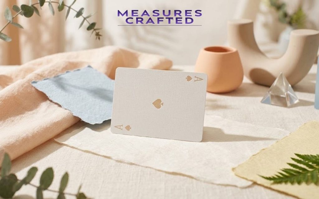 2 inches ace of spades playing card standing on layered paper. Decorated with pastel fabrics, ceramics, and leaves.