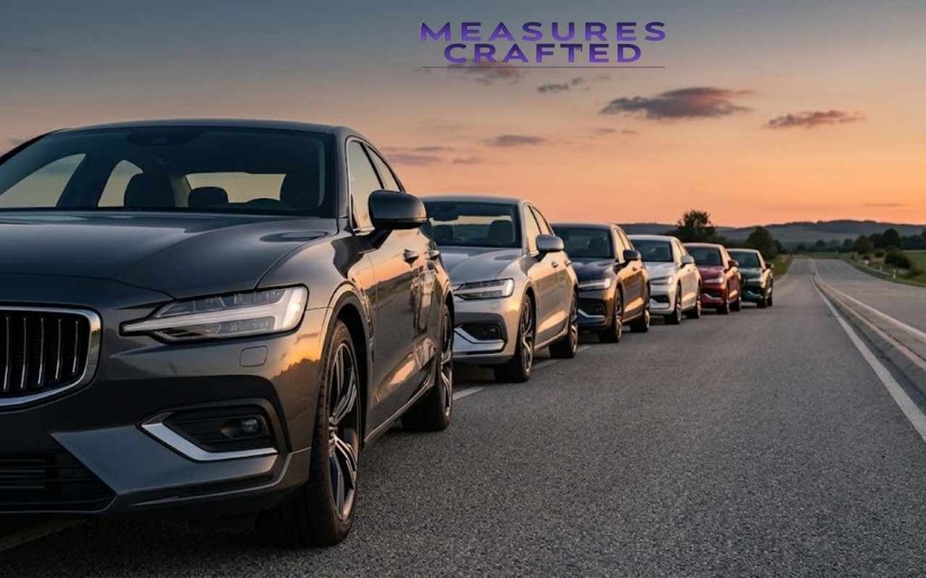 A row of parked sedans extending into the distance, with a combined length of about 100 feet.