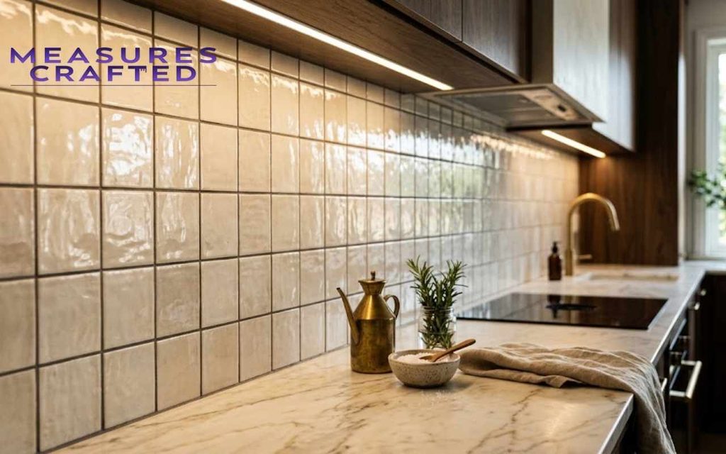 Kitchen featuring 4 inches square glossy backsplash tiles above a marble countertop.