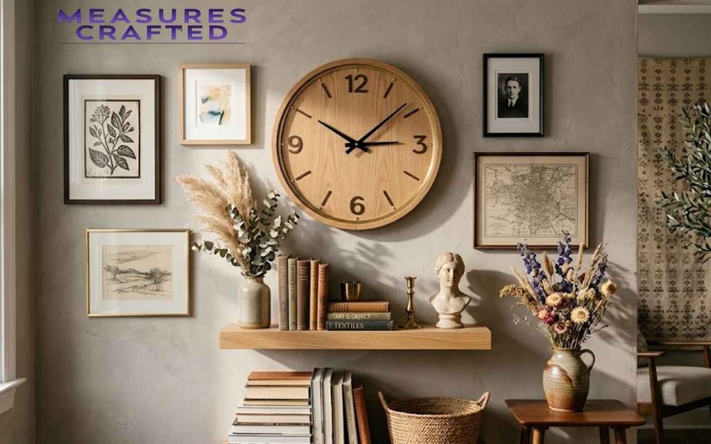A gallery wall featuring a central wooden 9 inches clock, framed art, a shelf with books, a bust, and dried flowers.