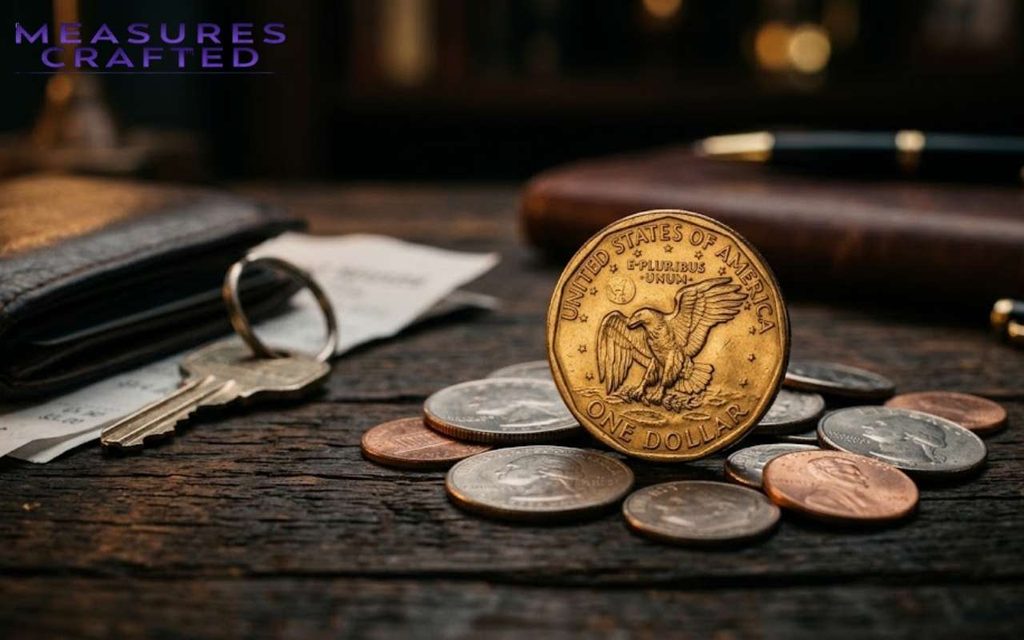 A 1 inch tall golden US one dollar coin standing upright on a pile of other scattered coins.