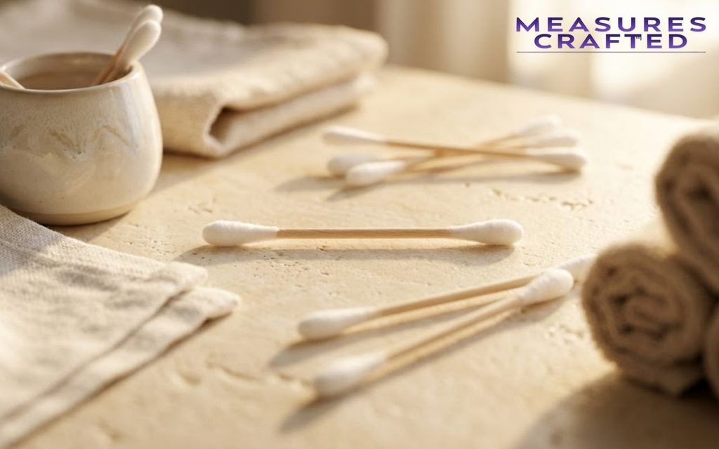 3 inches bamboo cotton swabs on a stone counter next to towels and a cup.