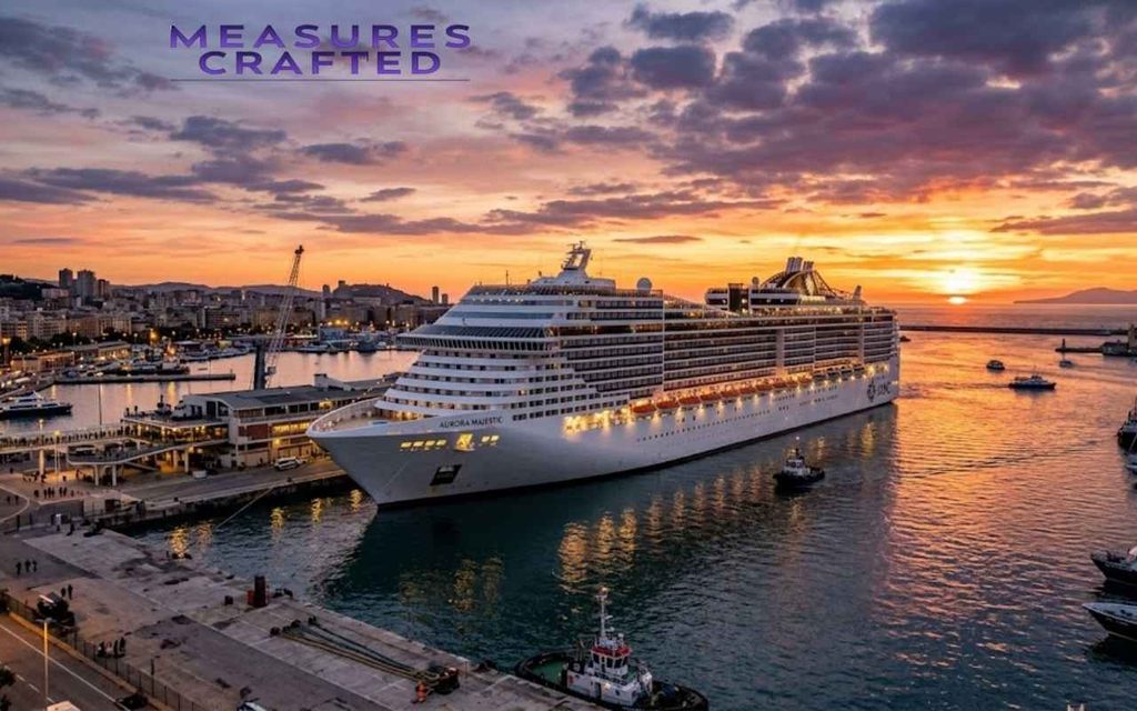 Large cruise ship docked at a harbor terminal with glowing lights during a vibrant orange sunset over the sea.